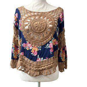 Boho Chic Crochet & Floral Knit Top With Raglan Sleeves Size Small
